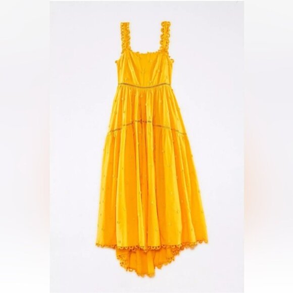 FARM RIO Yellow 3D Flowers Cotton Maxi Dress Crochet Embroidery SZ M - Picture 2 of 6